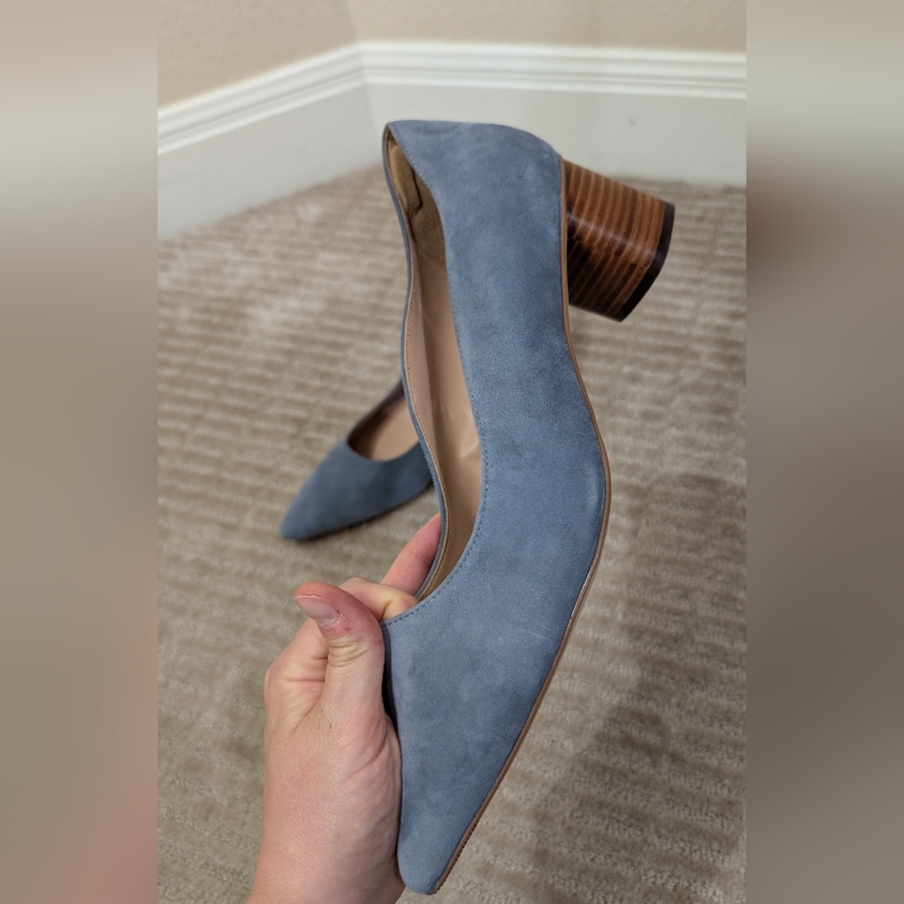 Blue Suede Pointed Toe Block Heel Pumps - Picture 3 of 10